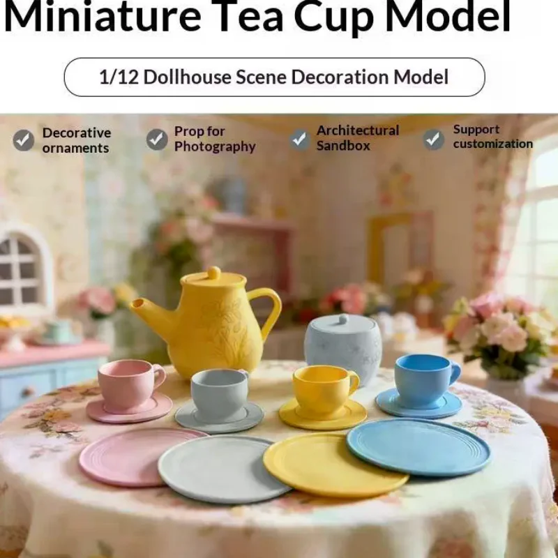 Service à thé miniature à l'échelle 1/12, couleurs pastel, design personnalisé, parfait pour la décoration de maison de poupée, accessoires photo