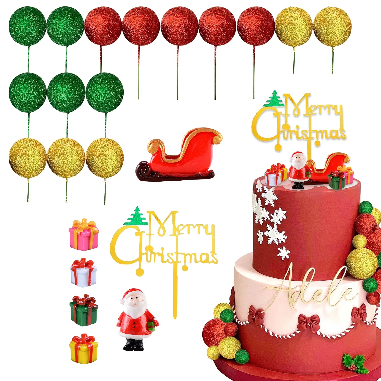 Glitzer Weihnachtstorte Dekor Weihnachtsmann Kuchen Topper Rot Grün Kuchen Dekor für Weihnachten Babyparty Geburtstag Partyzubehör