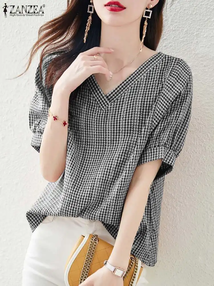 ZANZEA Women V Neck Short Sleeve Blouse 2024 Summer Korean Fashion Plaid Checked Tops Casual Bohemian Holiday Shirt Party Blusas