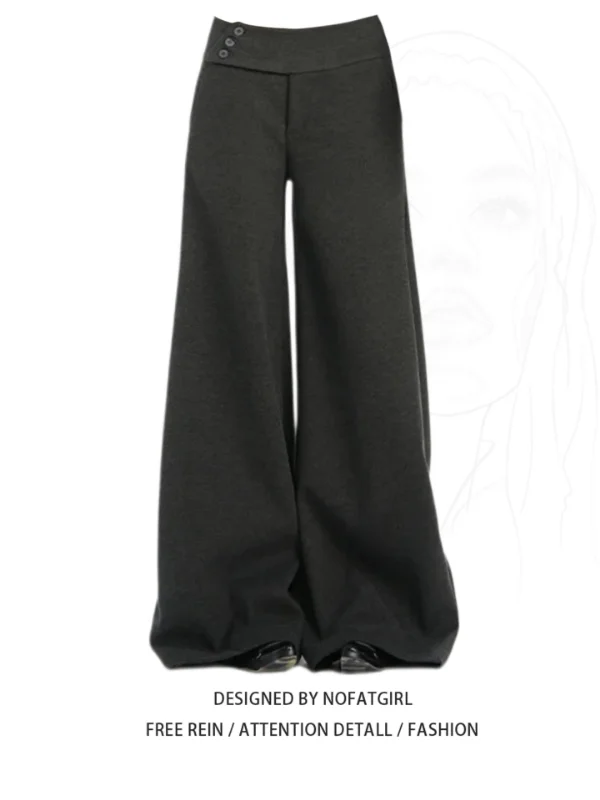 

plus Size Women's ey Buttoned Woolen Wide Leg Pants Korean Sle High Waist Loose Casual Floor-Length Trousers