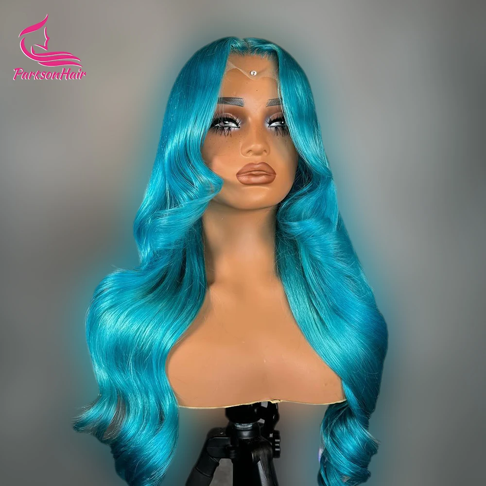Peruki z ludzkich włosów Body Wave w kolorze niebieskim, peruka typu lace front 13x4 z transparentną koronką, wstępnie wyregulowana linia włosów, brazylijskie peruki z ludzkich włosów w kolorze dla kobiet.