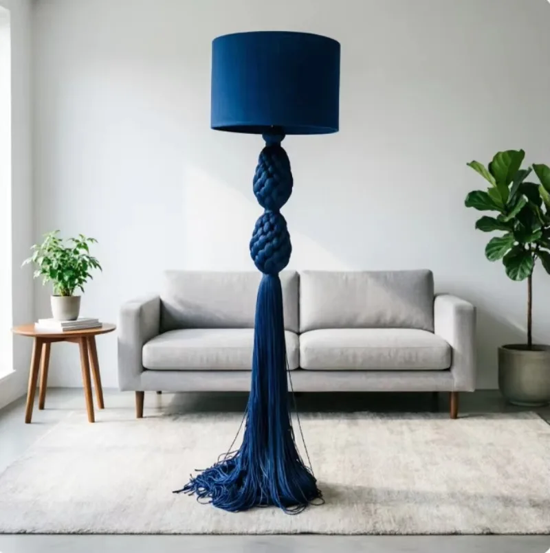 Hand-woven knot fringed floor lamp with adjustable height
