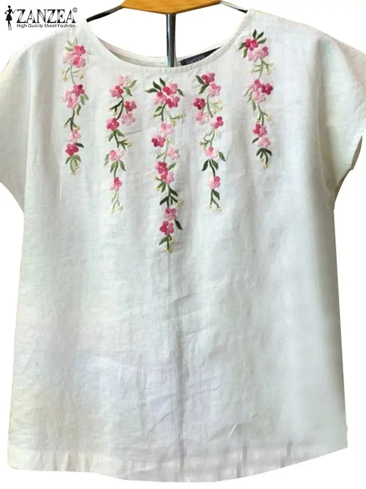 ZANZEA Elegant Floral Embroidery Blouses Women 2024 Summer Casual Short Sleeves O Neck T-shirts Holiday Tunic Tops Femininas