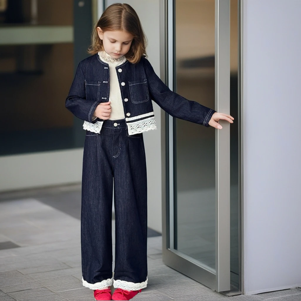 

Teenage School Girls Costumes 2025 Fall New Denim Lace Trim Jacket Wide-Leg Pants 2-Piece Kid's Outfits Set Trendy Casual Wear