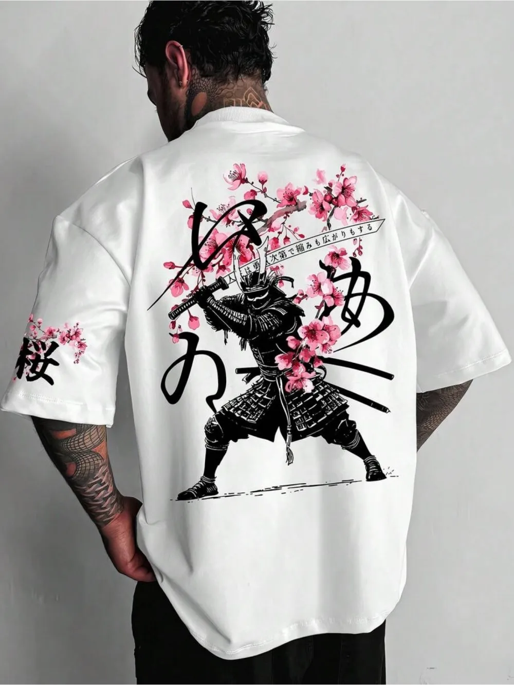 Hot selling creative men's summer samurai cherry blossom mood print soft and breathable round neck T-shirt outdoor street top
