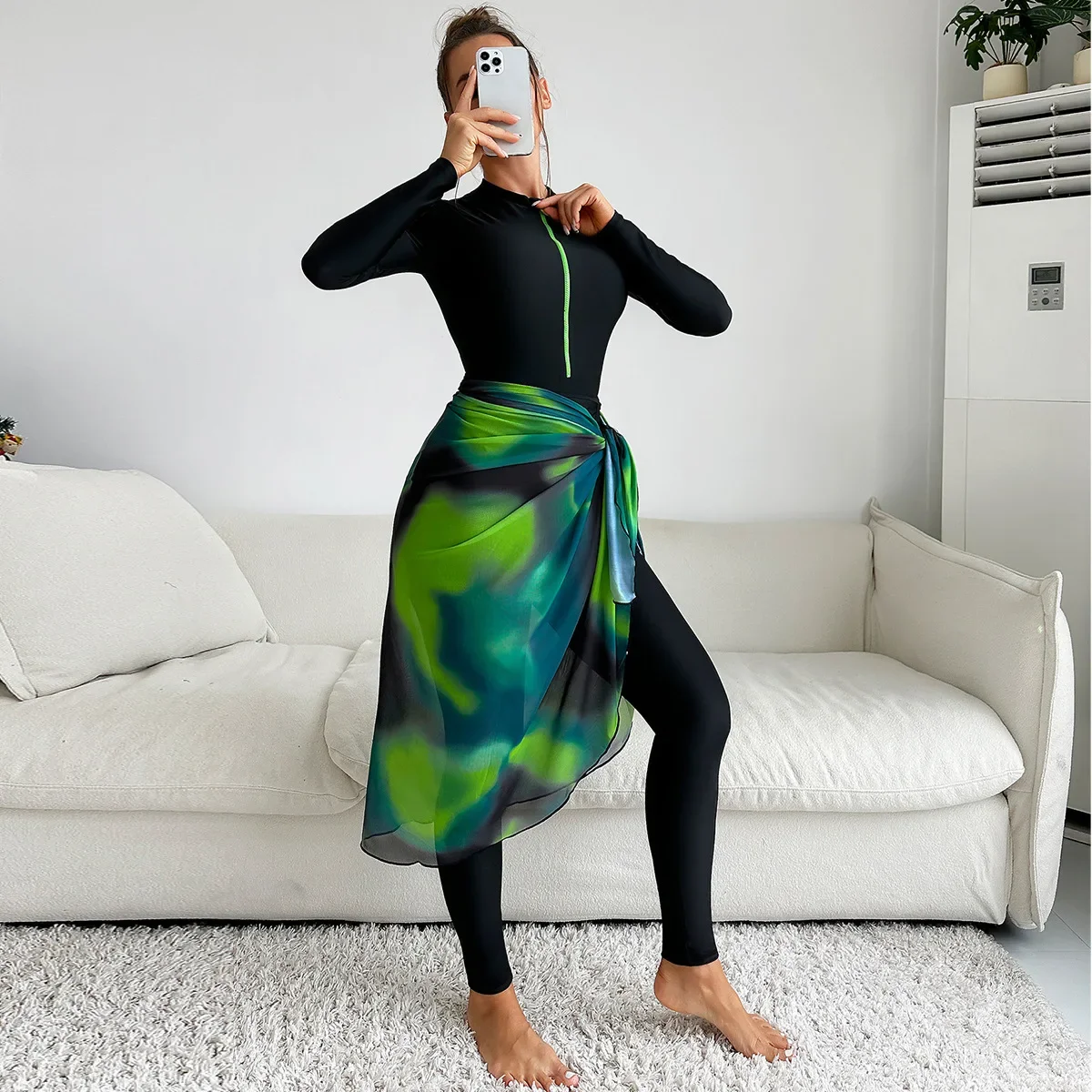 3点セット レディース ムスリム向け水着 長袖トップス グリーンガーゼ ブルキニ SPF50+ おしゃれな水着セット