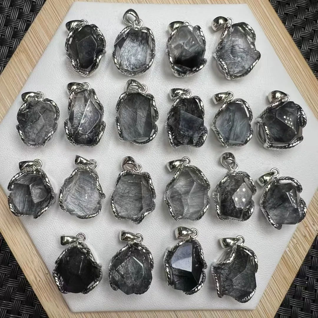 1Pc Fengbaowu Natural Black Silver Rutilated Quartz Pendant Irregular Shape 925 Sterling Silver Reiki Healing Stone Jewelry Gift
