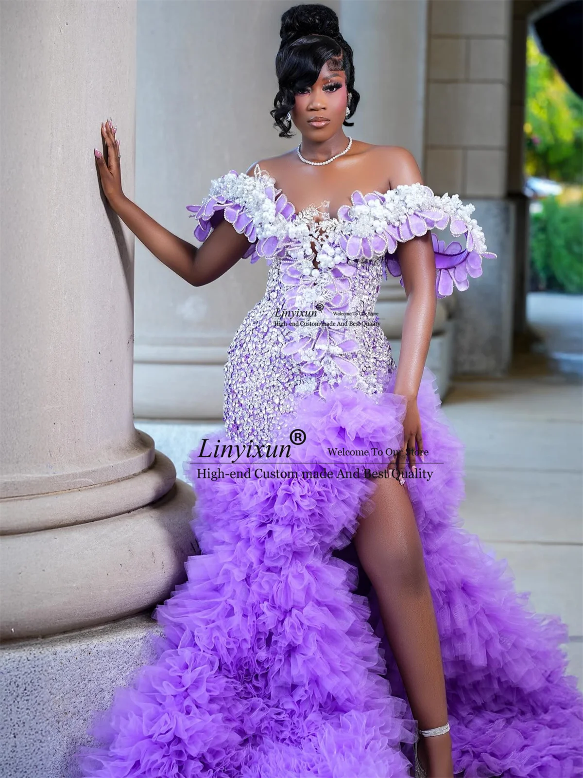 Glitter Rhinestone 3D Floars Prom Dresses For Black Girl Customized Mermaid Evening Party Gown Aso Ebi Ruffles robes de soirée - view 3