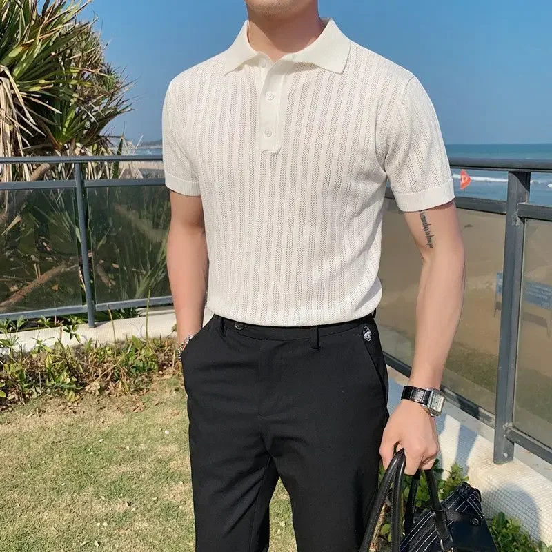 

Black Striped Man Polo Shirts Yellow V Neck With Collar T Shirt for Men White Tee Top Fashion Quick-drying High Quality Luxury