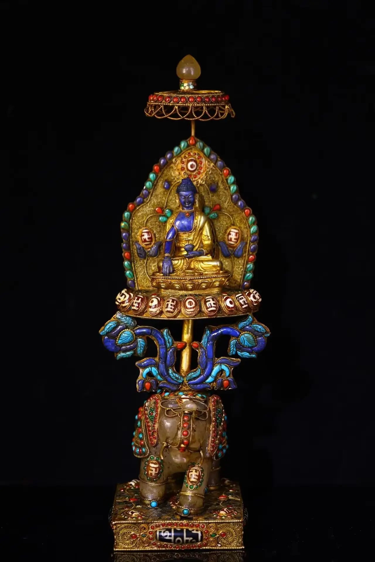 16"Tibetan Temple Collection Natural Crystal Mosaic Gem gZi Beads Lapis lazuli Shakyamuni Sitting Buddha Elephant Buddhist Niche