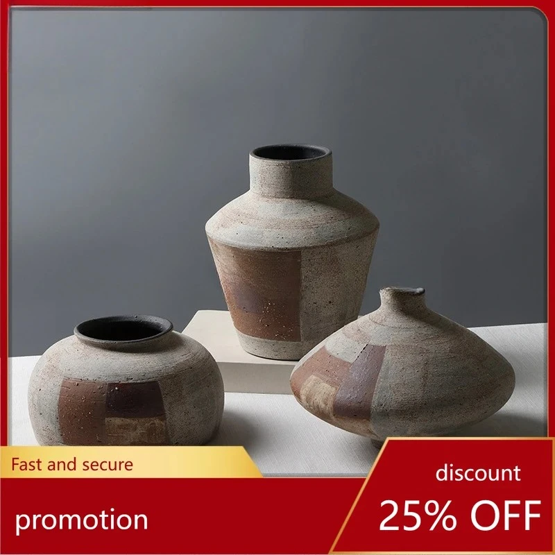 PYH Handmade Cast Vase Hand-painted Color-blocking Patchwork Pottery Tea Room Flower Arrangement Decoration