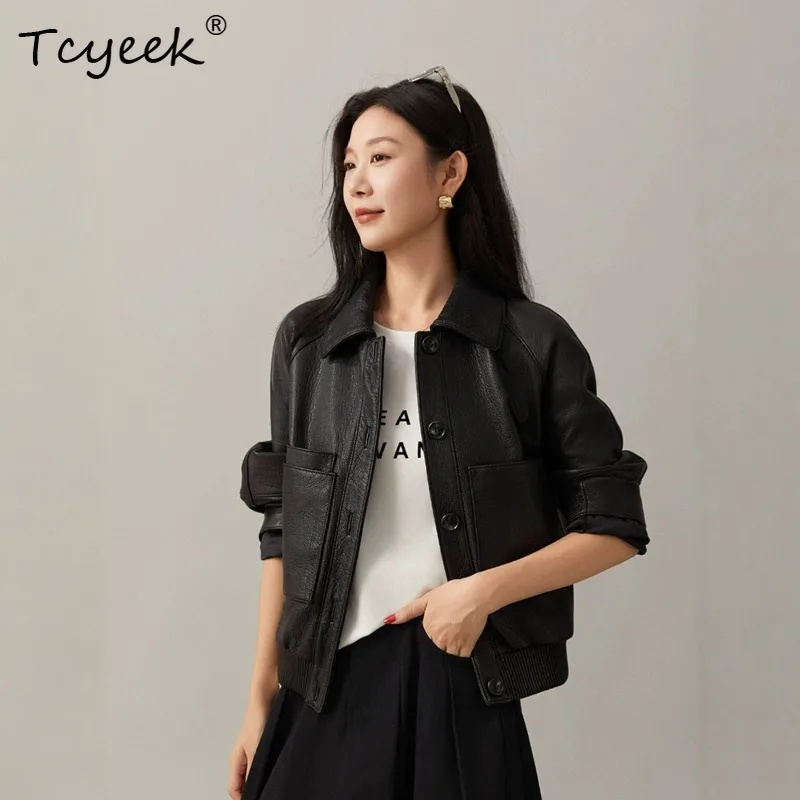 Tcyeek Goatskin Coats for Women Lychee Patterned Genuine Leather Jacket Women High-end Autumn Clothing Women Jacket 2026 Casacos
