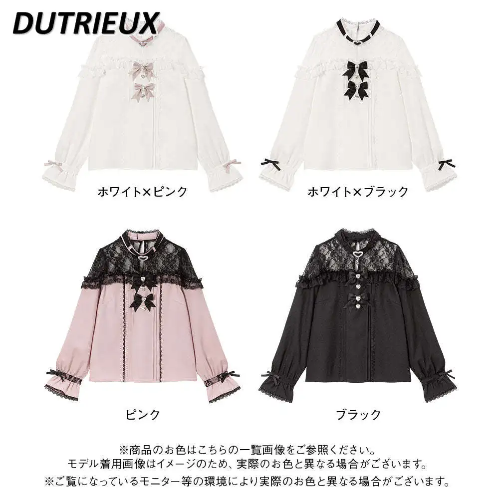 Japanese Mine Lolita Shirt Summer New Sweet Lace Hollow Out Heart Bow Tie Off Shoulder Long Sleeve Shirts Tops Blusa Feminina