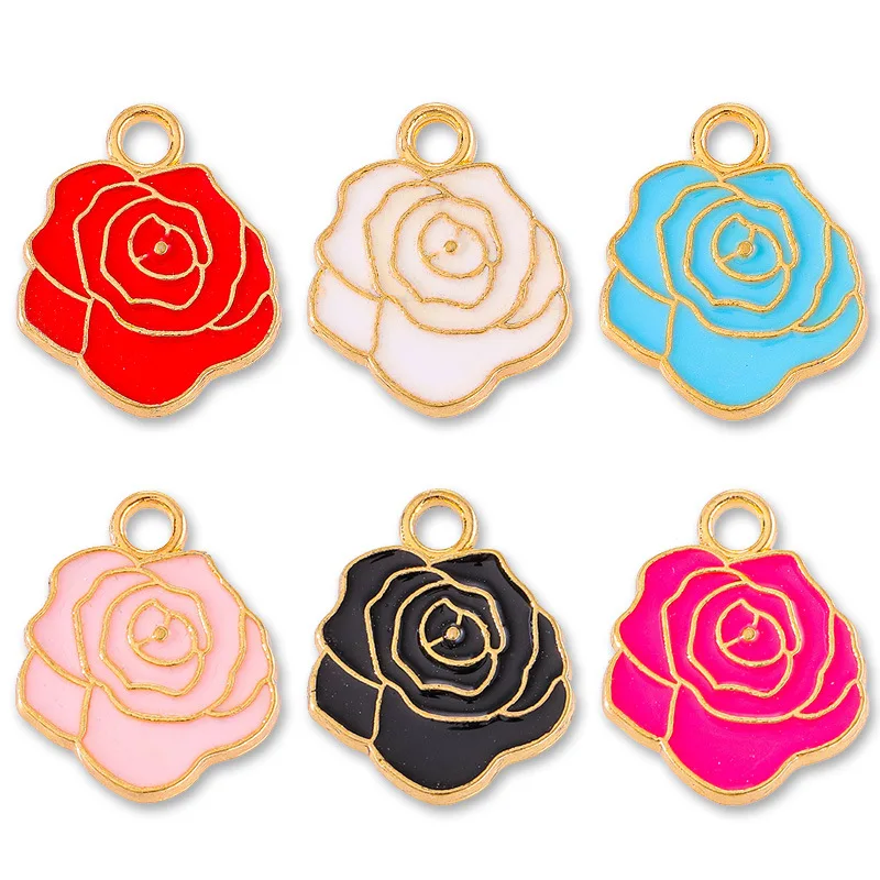 20 pcs/lot Fashion Gold Alloy Enamel Rose Pendant Accessories Charms for Women, Earrings/Necklace Handmade DIY Jewelry