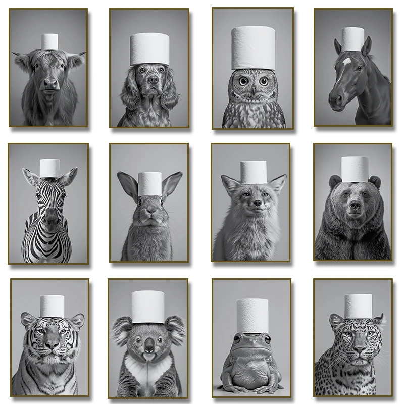 Póster de baño blanco y negro, animales con rollo de papel higiénico, pintura en lienzo de tigre, búho, conejo, imagen artística de pared impresa, decoración del hogar