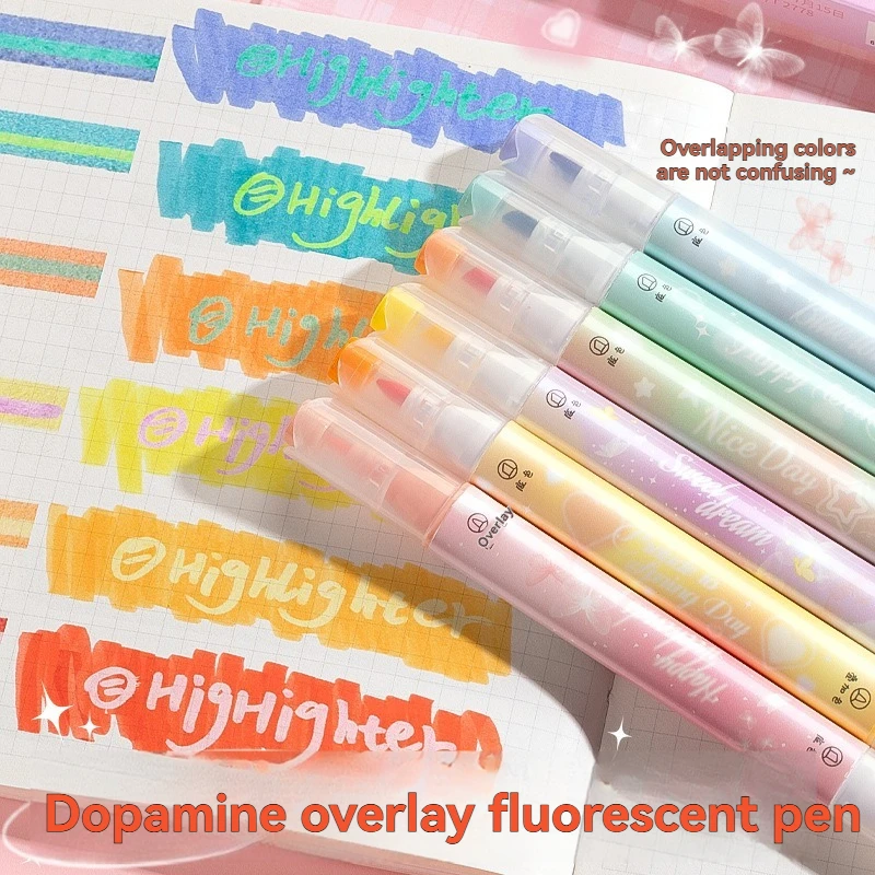 6PC stacked color dual head fluorescent pen. Students use a large capacity color marker pen to mark key points on their hand