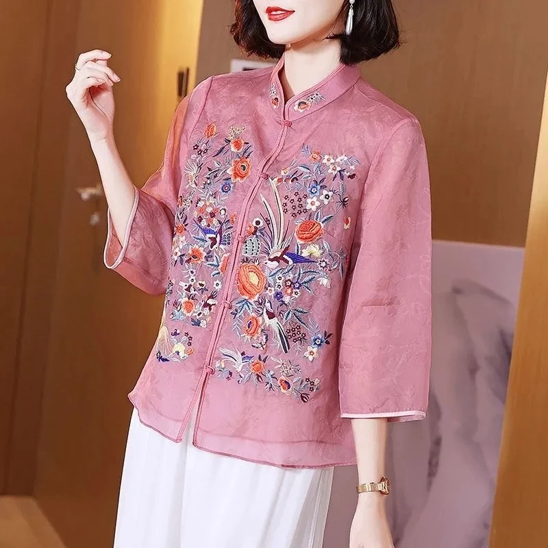 2024 Blouse Women Green Pink Chinese Blouse Ethnic Embroidery Vintage Blouse Oversize Long Sleeve Ladies Casual Tang Suit Tops