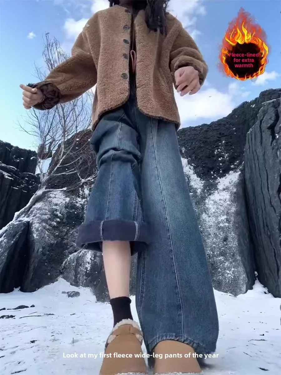 

plus Size Fleece Lined Thick Denim Pants Women Winter Loose High Waist Slim Straight Wide Leg Trousers Vintage Washed Casual ...