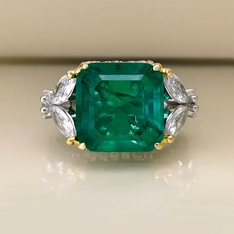 10 Carat Premium Jewelry Colombian Wood Emerald Ring Women'S  Fashion Sterling Silver Inlay