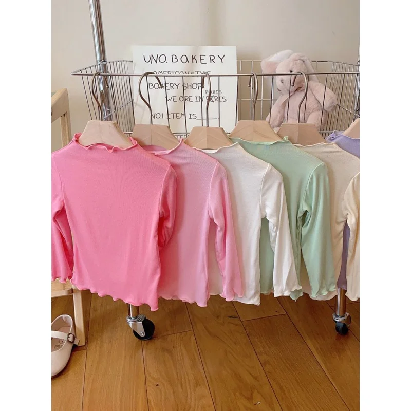 

Children's Half Turtleneck Bottoming Shirt 2023 Spring and Autumn Versatile Ruffled Top Girls' Solid Color Inner Wear T-shirt