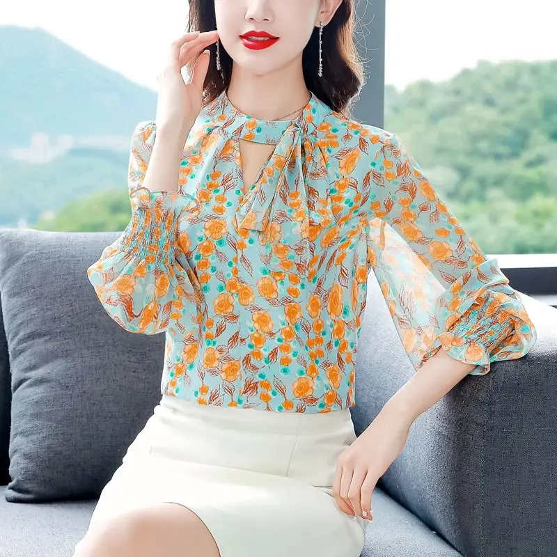 Women Clothes Vintage Floral Print Hollow Bow Elegant Blouses Spring Summer Long Sleeve Sweet Chic Shirts Blusa Mujer Moda 2023