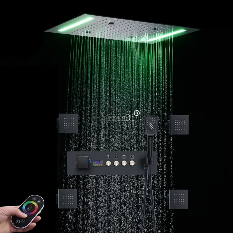 LED Shower System 20*14 Inch Rain Mist Shower Head Temperature Display Thermostatic Bathroom Shower Set