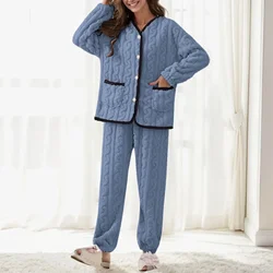 Warm Pajamas Pockets 2 Nightwear Loungewear Sleeve Thermal Plush Suit Women Set Fluffy Winter Autumn Pieces Long Sleepwear Fuzzy