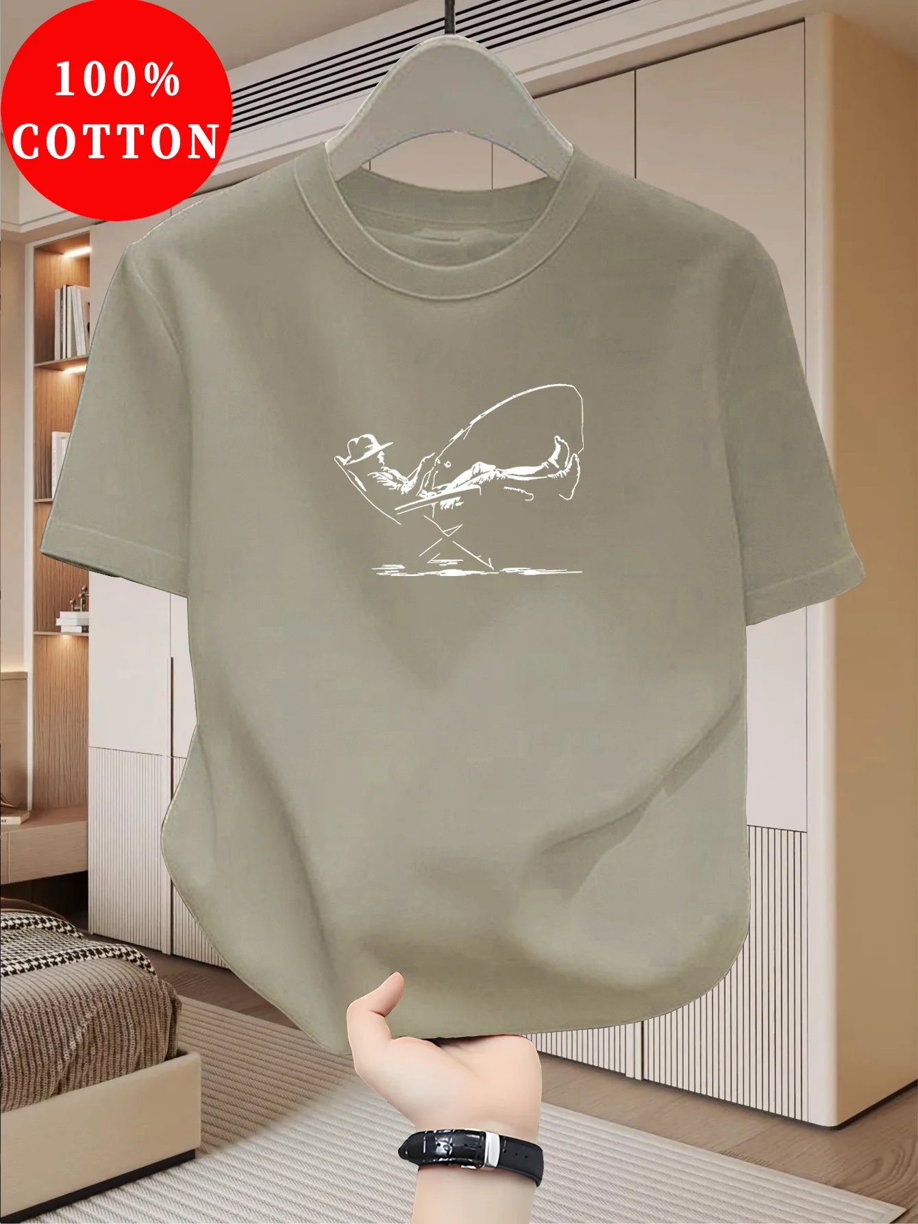 Men's Summer 100% Pure Cotton Fashionable Casual Loose Fishing Graphic Printed Round Neck Short Sleeved T-Shirt Top