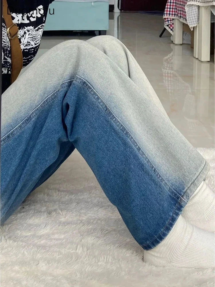 Duomofu 대비 색 클래식 높은 허리 슬림 여성 청바지 여름 패션 전체 길이 느슨한 스트레이트 스트리트 캐주얼 여성 청바지