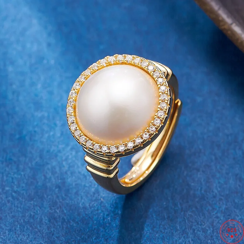 

S925 Sterling Silver Charms Rings for Women Men Gold Plated Inlaid Micro Zircon Mabe Pearl New Fashion Jewelry Free Shipping