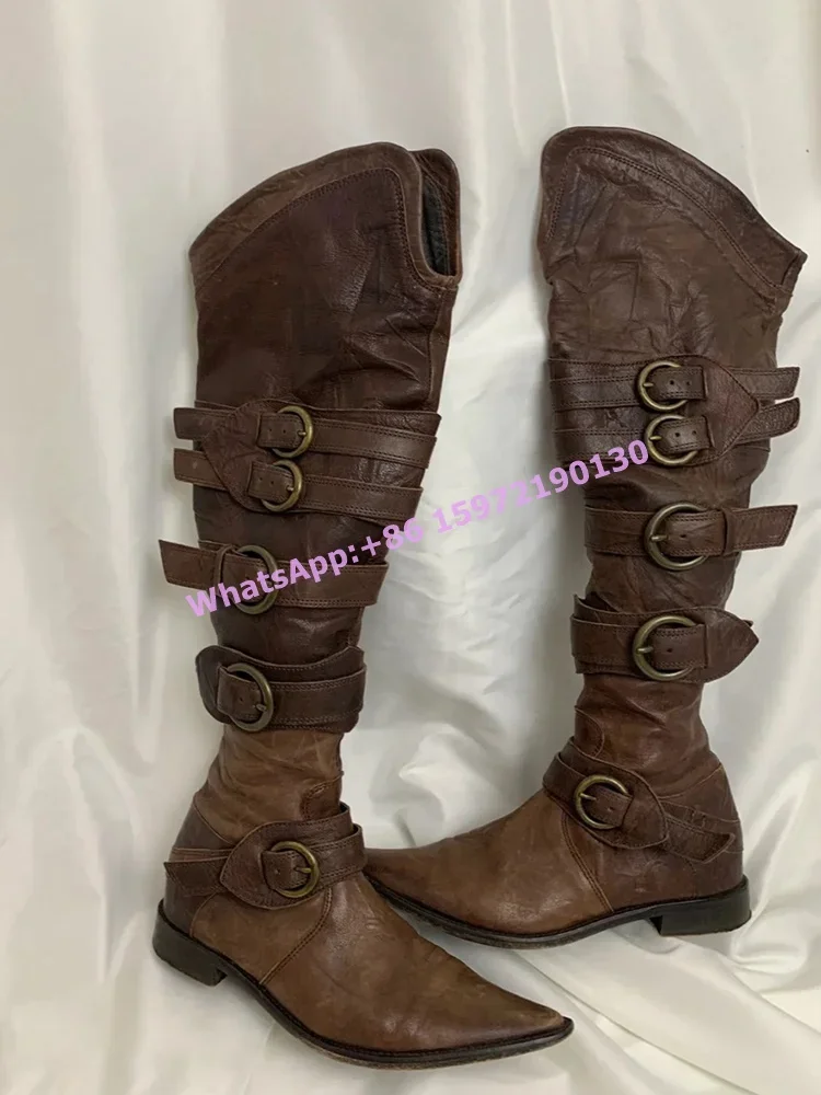 

Buckle Belt Leather Boots Pointy Toe Flat with Low Heels Pleated Cowgirls Knee High Boots Side Zipper Winter Solid Knight Shoes
