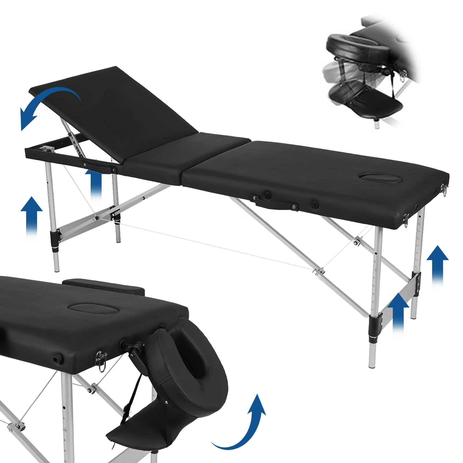 1100LBS Capacity Foldable Massage Bed Table 3 Section Height Adjustable Memory Foam for Spa Salon Tattoo Facial Lash Footmassage