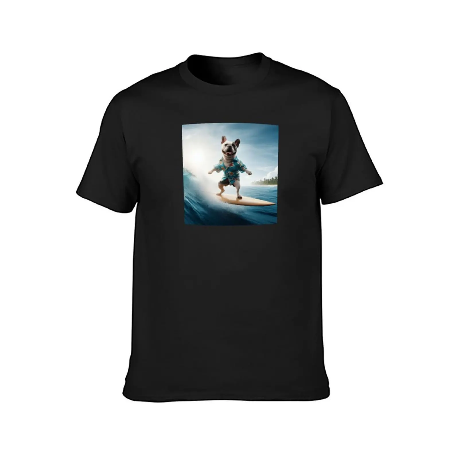 White French bull dog surfing the sea in beautiful sunny day T-Shirt anime clothes sublime plus sizes men t shirt