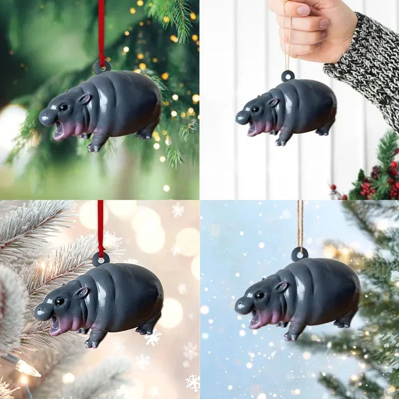 Cute Hippo Resin Car Figurines Moo Deng Baby Hippopotamus Sculpture Desk Decoration Angry Moo Deng Hippo Christmas Tree Pendant