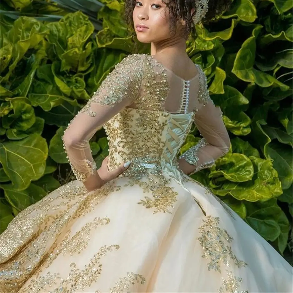 Sweet 16 Gouden Kant Quinceanera Jurk met lange mouwen vestidos para 15 quinceanera vestidos de xv jaar 15 nde