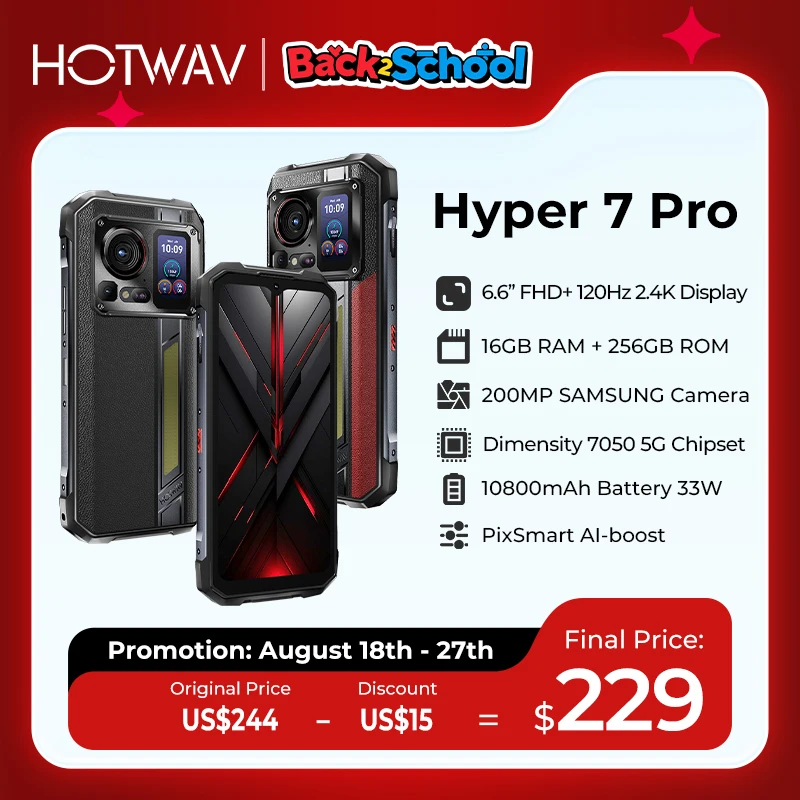 HOTWAV Hyper 7 Pro Rugged Phone Dimensity 7050 5G 200MP Android 14 6.6'' FHD+ 120Hz Smartphone 36GB 256GB 10800mAh 33W Cellphone