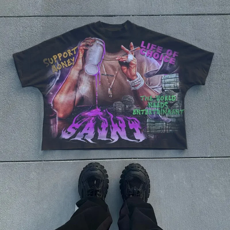 Männer Schwarz Y2K Retro Grafik Druck Übergroßen Hiphop Euro T Shirt Streetwear Urban Casual Vintage Mode Männer Kleidung Mode
