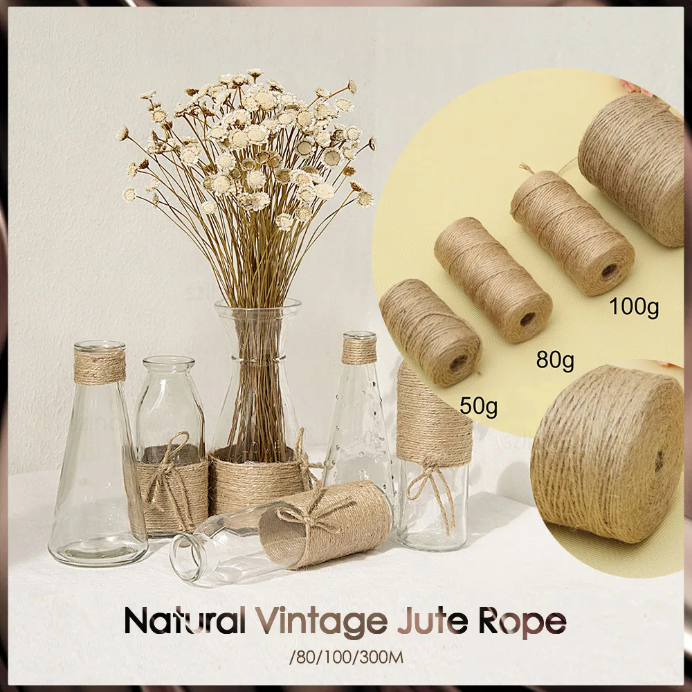 E1 50/80/100/300M Natural Vintage Jute Rope Cord String Twine Burlap Ribbon Crafts Sewing DIY Jute Hemp Wedding Party Decoration