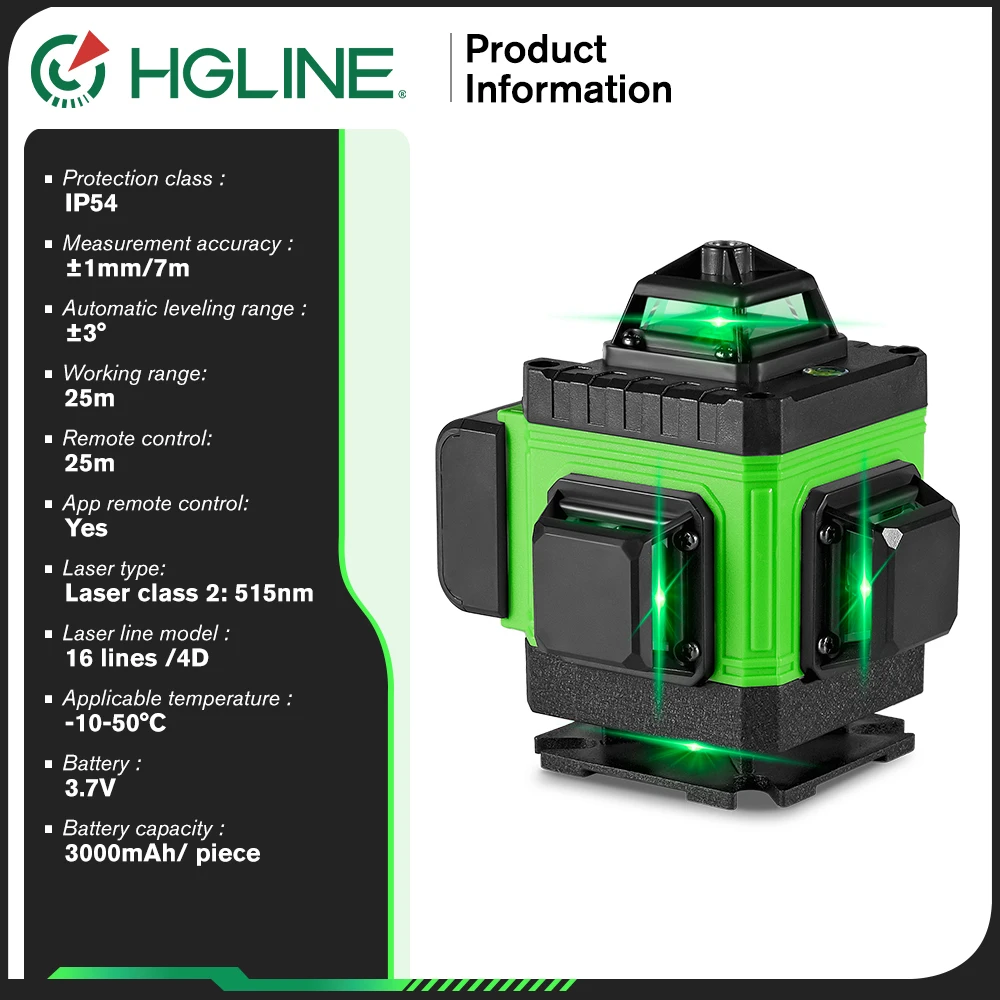 Imagem -06 - Hgline Verde 4d 16 Linhas Laser Nível App Controle Luz Verde Nível Laser Horizontal Vertical Níveis Ferramentas com Exibição de Energia