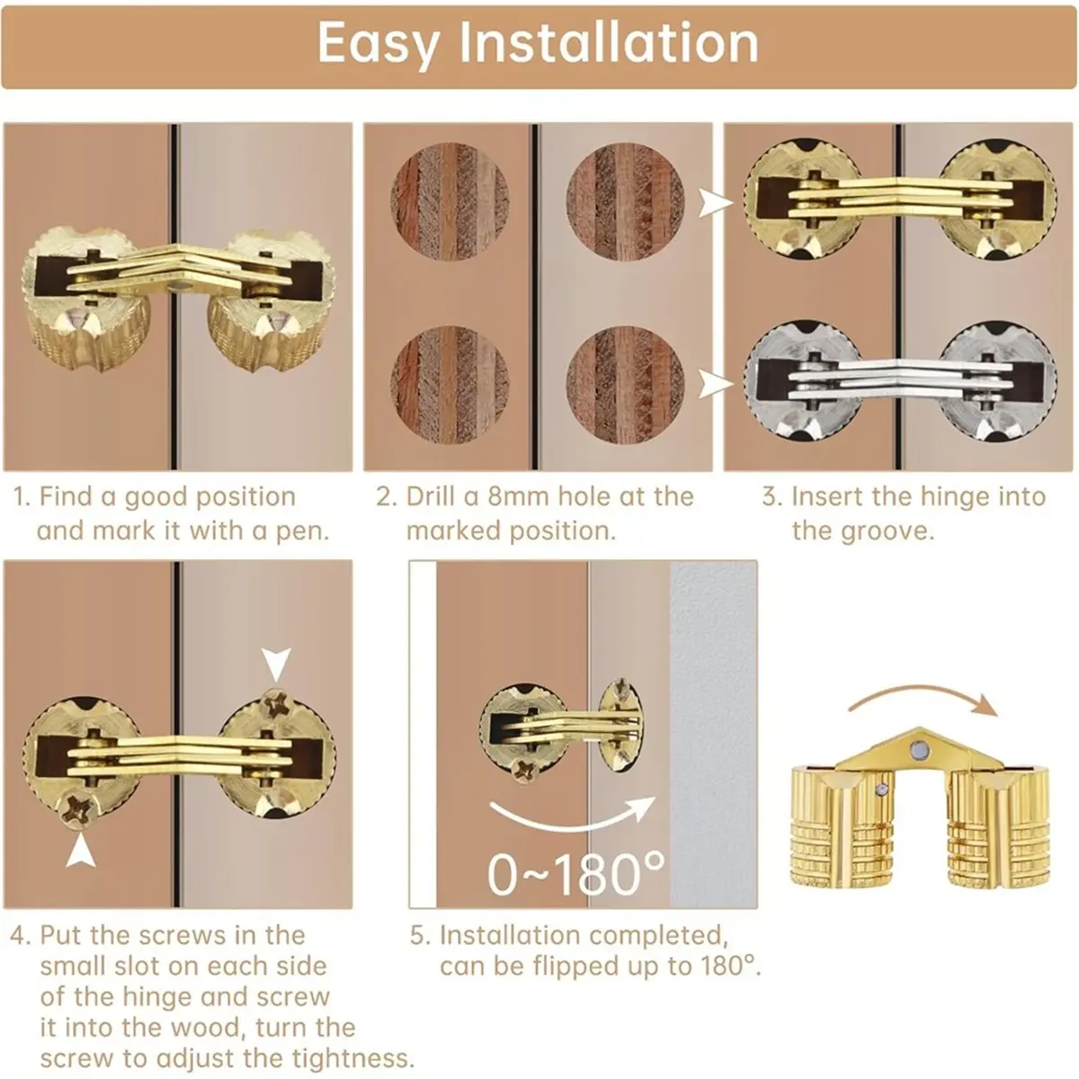 AA83 8Pc 8 mm Hidden Brass Hinges with 8 mm Drill Bit,180 Degree Opening Angle for Wooden Box Jewelry Ring Box DIY Hand Craft
