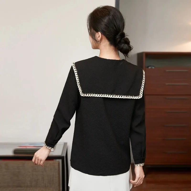 2025 New Fashion Women's Chiffon Blouse High End Large Pointed Collar Jacquard Shirts Female Versatile Stylish Long Sleeve Shirt