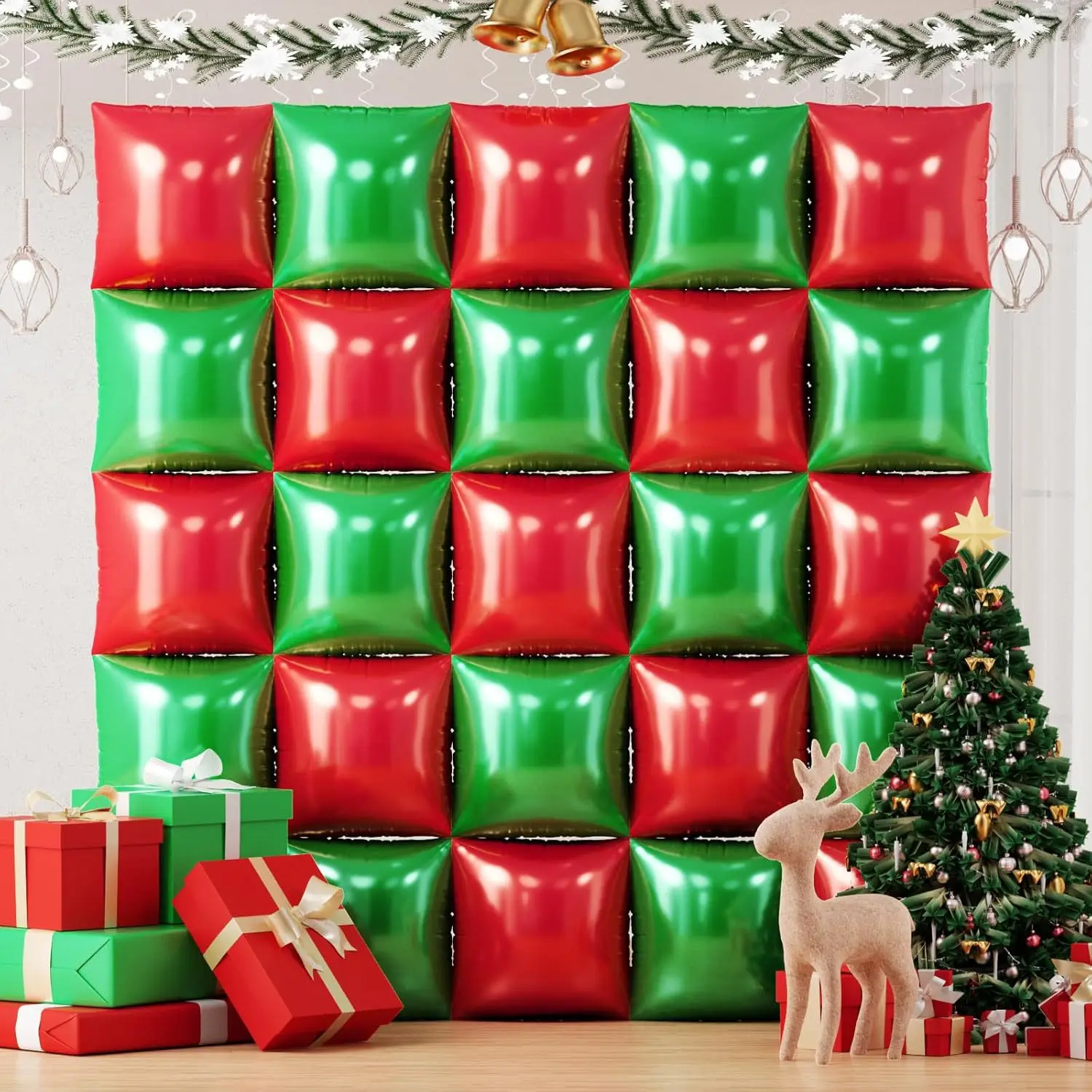 Rot-grüner quadratischer Aluminiumfolien-Ballonwandhintergrund, doppelseitiges Ballonbogen-Set für Weihnachts- und Neujahrsparty-Dekoration