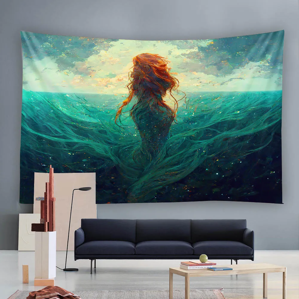 Dreamy Sea View Mermaid Art Tapestry Wall Hanging Multi-Size Home Decor for Living Room Bedroom Dormitory Background Cloth