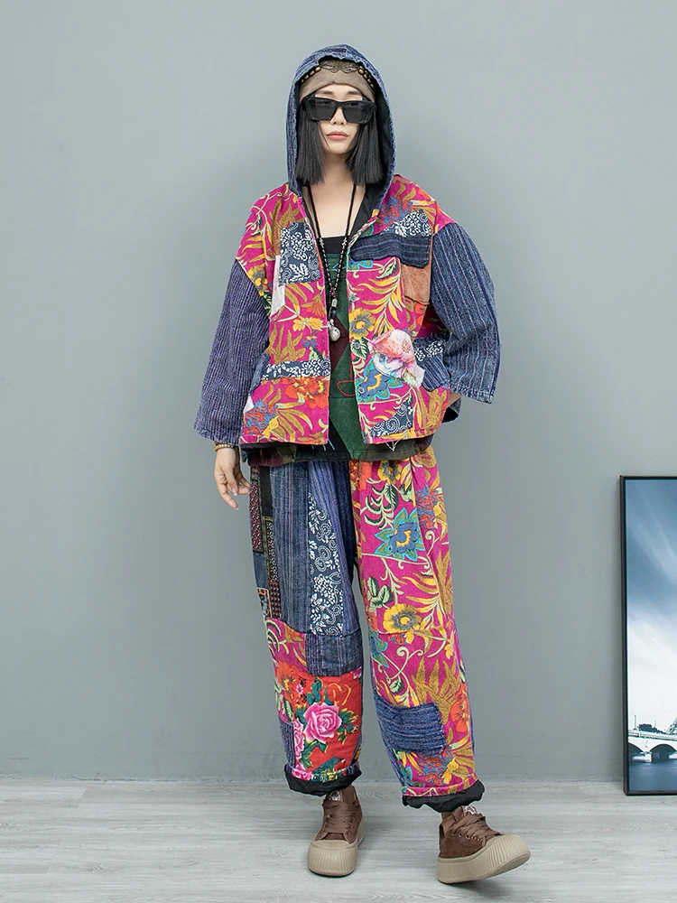 Chinese Style Printed Cotton Linen Patchwork Hooded Double-layer Jacket + Pants Two-piece Set Women 2024 Autumn Winter LX2492