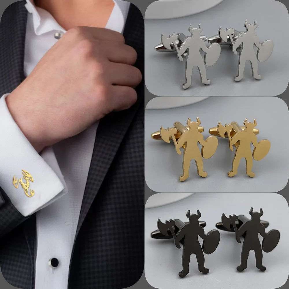 

Viking warrior stainless steel cufflinks, gold-plated black, French shirt cuff accessories, worn by high-end business men