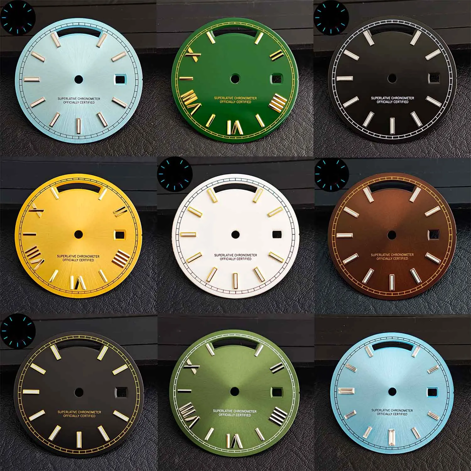 31-mm-Zifferblatt, geeignet für Miyota 8285 Uhrwerk, Zifferblatt und Zeiger, Dual-Kalender-Zifferblatt, blau-grün leuchtendes Uhrenzubehör