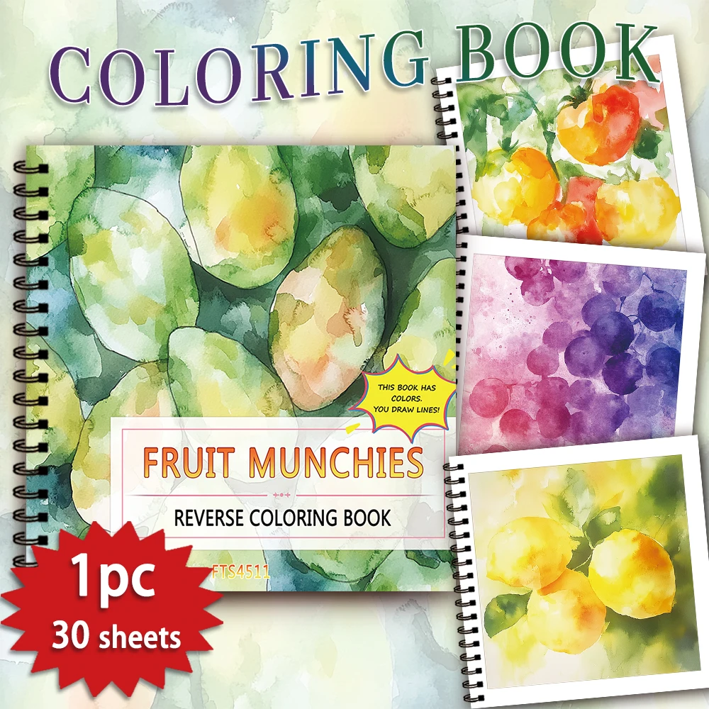 

1 шт., обратная книжка-раскраска с акварельными фруктами, 30 страниц толщиной 100 г/м2, творческие линии, идеальный подарок для семьи и друзей
