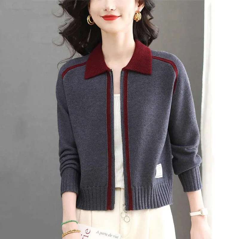 Nowy sweter damski z dzianiny na wczesną wiosnę 2025, krótki, modny top z podwójnym zamkiem i klapami, model JJ839