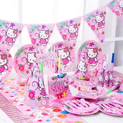 Decoraciones de fiesta de cumpleaños de Hello Kitty para niñas, taza de papel, plato, bandera, favores para niños, vajilla desechable, suministros de globos