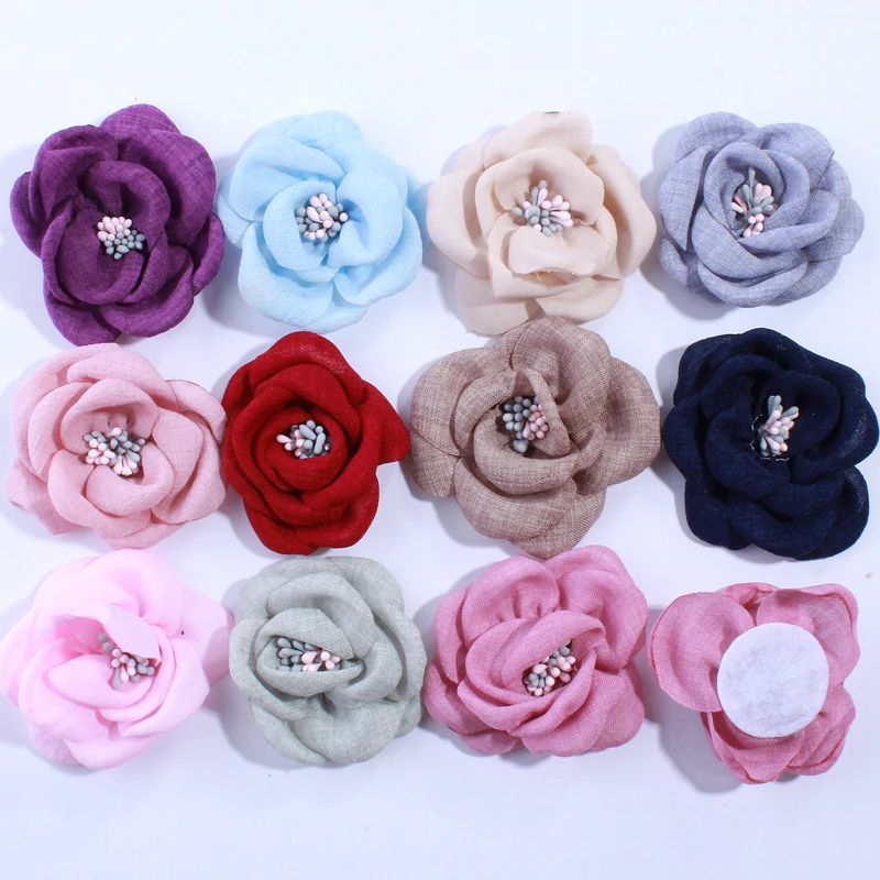 

20PCS 5.5CM Gorgeous Burned Fabric Flowers For Hair Accessories Hemp Hair Flower With Tissue Stamen For Head Wear Dress